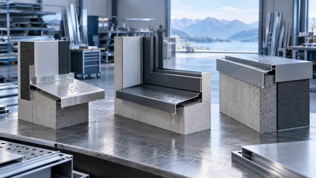Aluminium-Tropfprofile an drei technischen Anschlussmustern mit sichtbarer Wasserführung