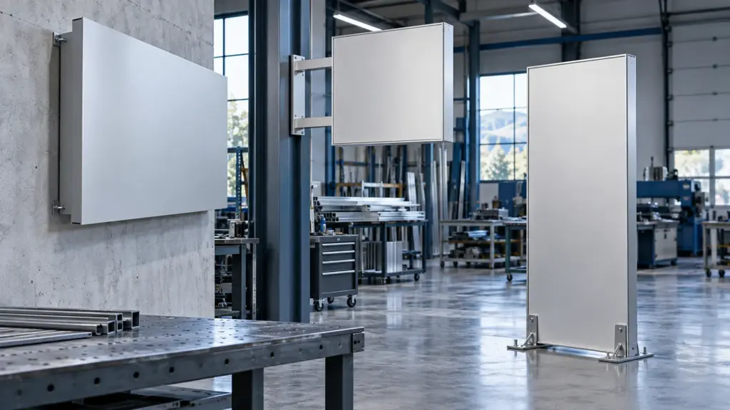 Unbedruckte Werbeschild- und Tafelsysteme aus Aluminium mit Rahmen und Befestigungen