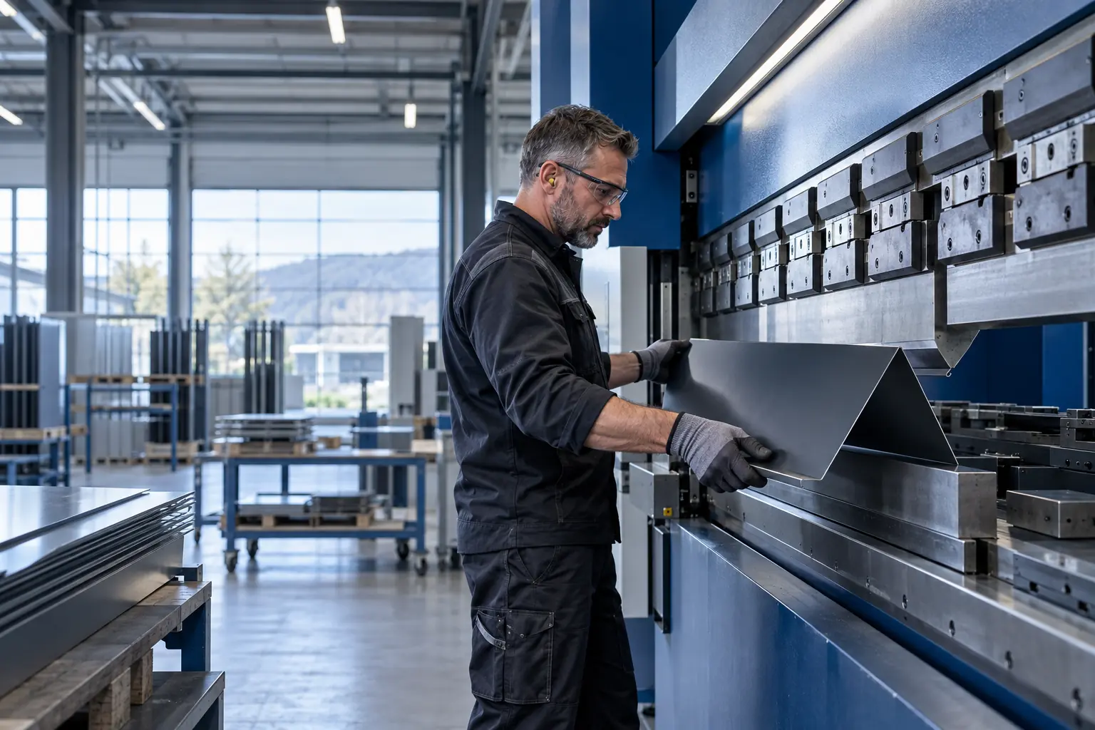 Fachkraft formt ein anthrazitfarbenes Aluminiumkantteil an einer CNC-Abkantpresse