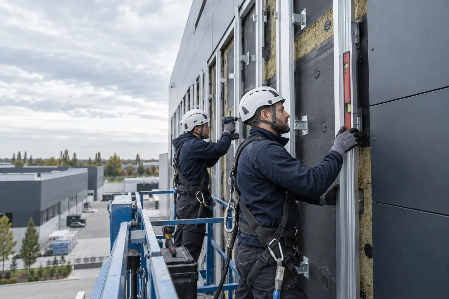 Monteure richten Aluminiumprofile der Unterkonstruktion an einer Gewerbefassade aus