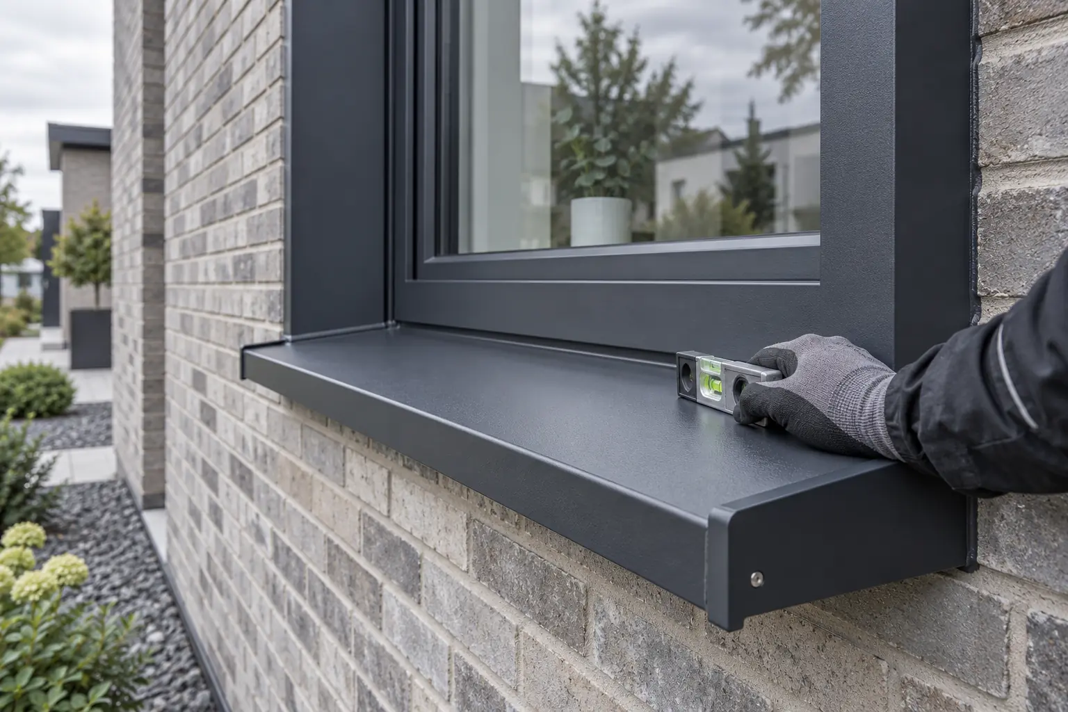 Monteur prüft eine anthrazitfarbene Aluminiumfensterbank an einem Klinkergebäude