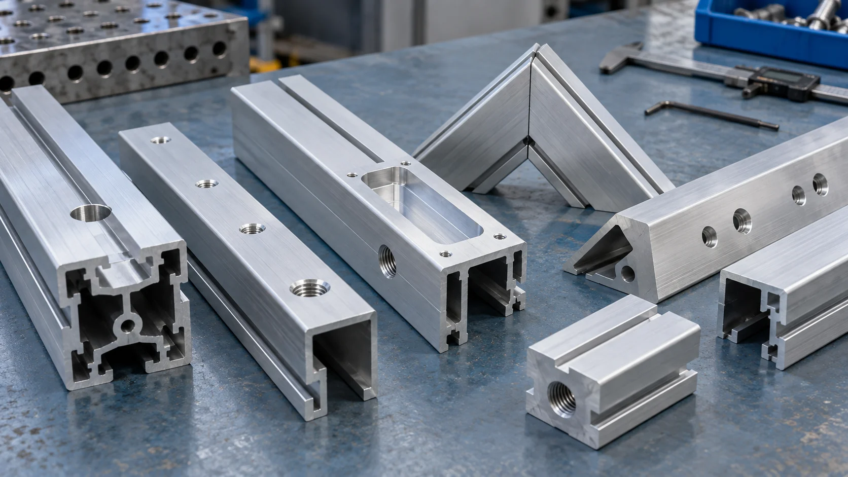 Bearbeitete Aluminiumprofile mit Bohrungen, Gewinden, Gehrungen und Fräsung